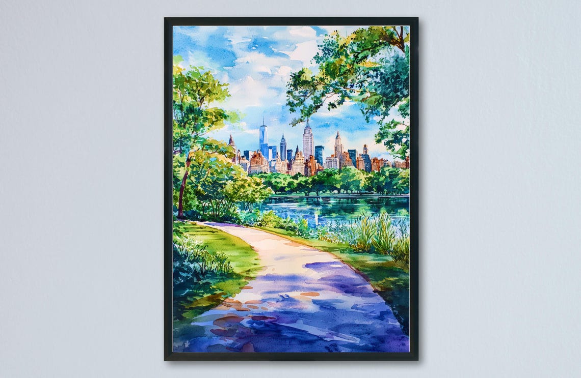 Central Park Lakeside Path Skyline Summer Scene Watercolor Poster