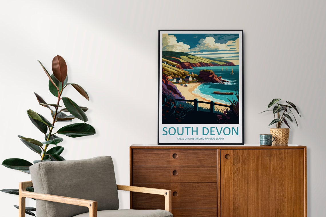 South Devon England Rust Red Cliffs Sandy Cove Sailing Poster - Image 2