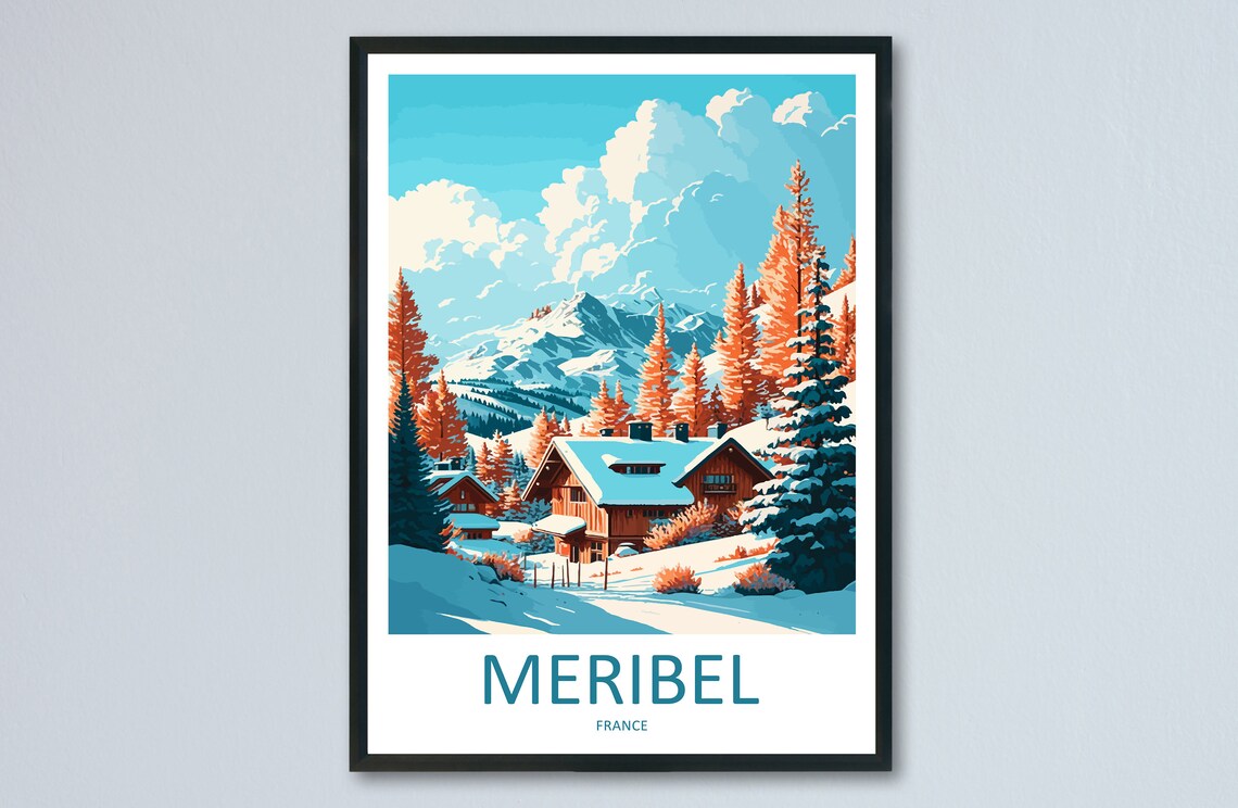 Meribel Travel Poster, Skiing Wall Decor