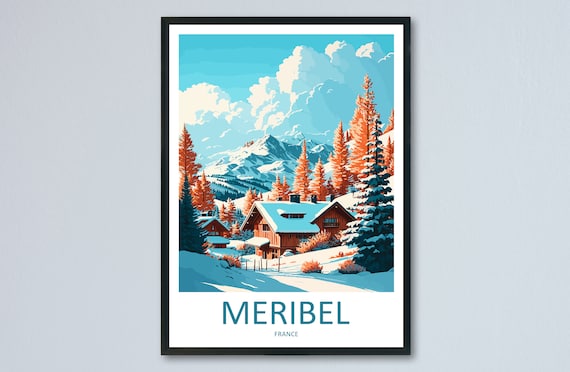 Meribel Travel Poster, Skiing Wall Decor