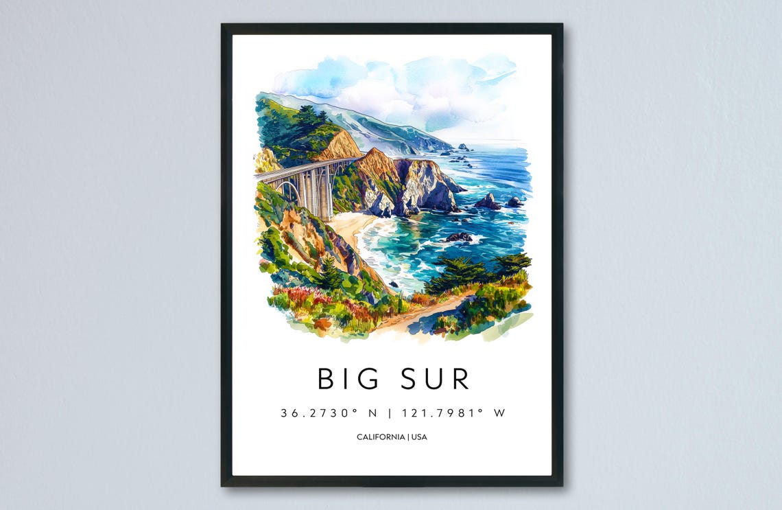 Big Sur California Bixby Bridge Coastline Drive Watercolor Poster