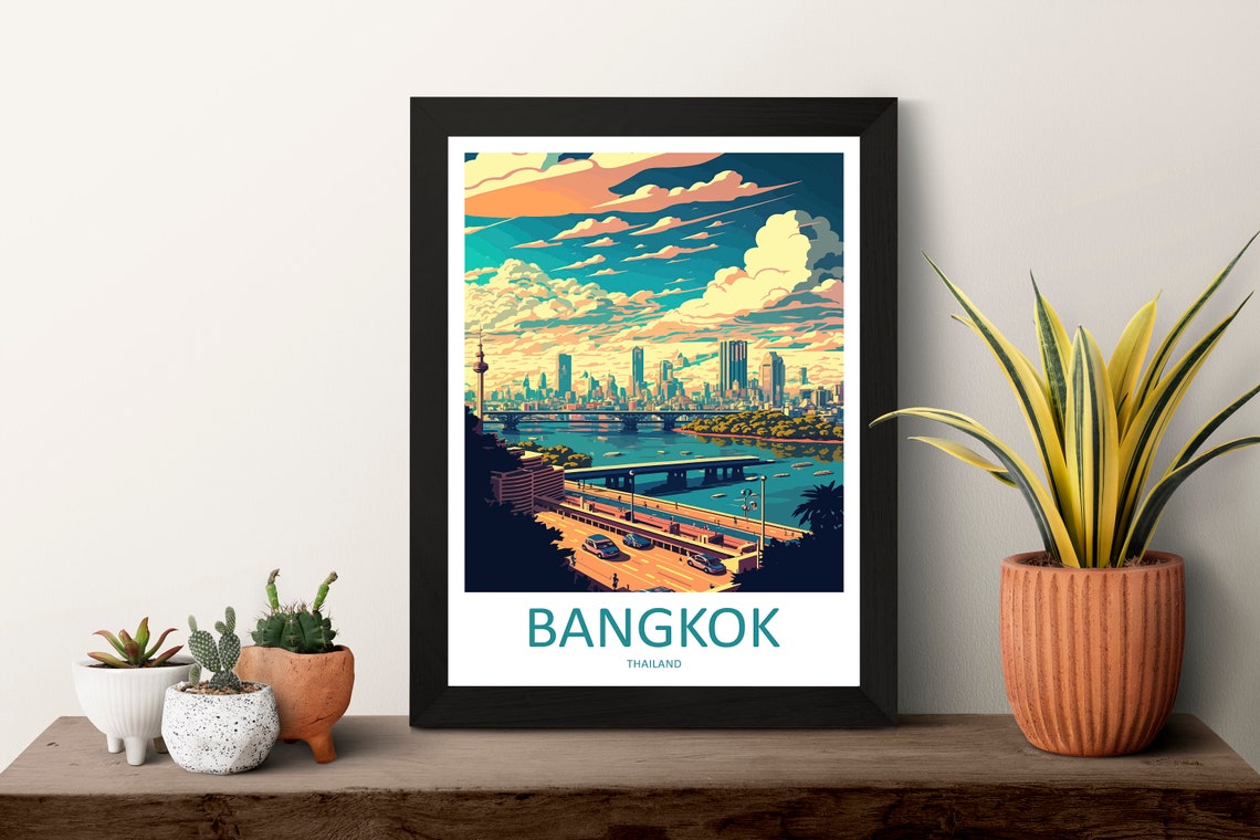 Bangkok Thailand River Bridge City Skyline Illustration Poster - Image 3