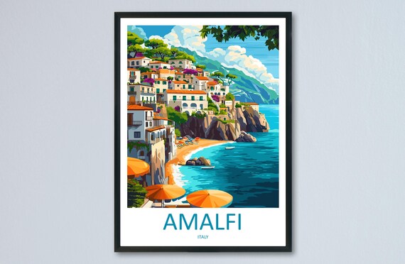 Amalfi Coast Cliffside Town Beach Umbrellas Italy Travel Poster