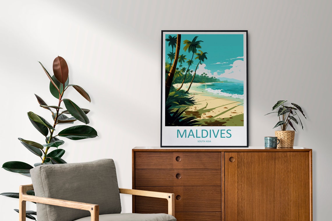 Maldives White Sand Beach Palm Trees Tropical Island Travel Poster - Image 2