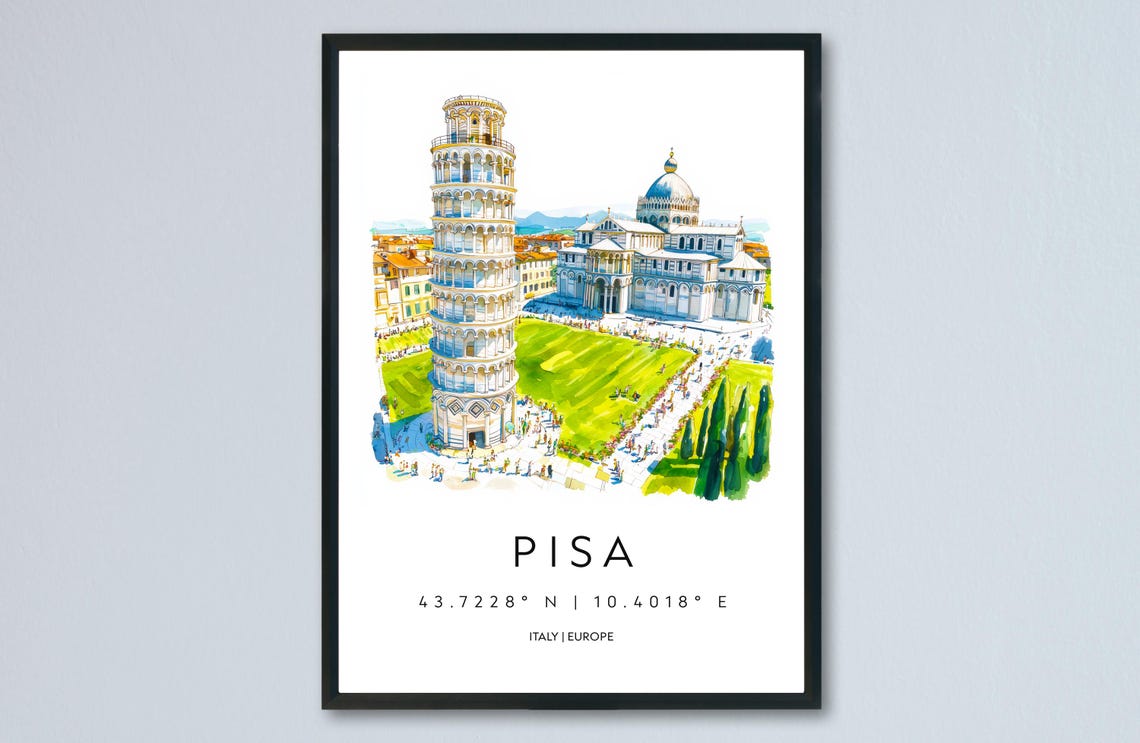 Pisa Italy Watercolor Travel Poster Leaning Tower And Cathedral