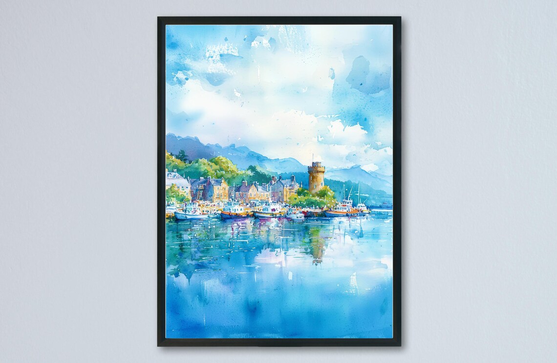 Oban Harbour Boats Church Tower Watercolor Scottish Coast Poster