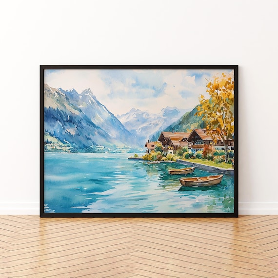Brienz Switzerland Watercolor Poster Alpine Lake Chalets Boats Travel Art