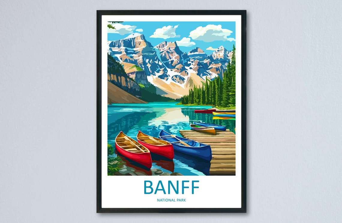 Banff National Park Moraine Lake Canoes Mountain Travel Poster