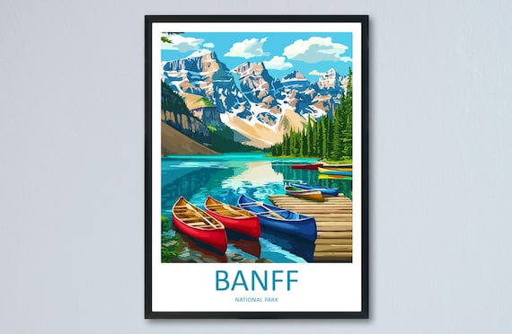 Banff National Park Moraine Lake Canoes Mountain Travel Poster