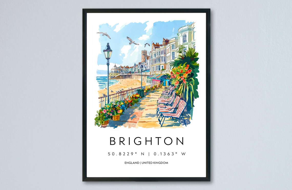 Brighton England Seaside Promenade Deckchairs Watercolor Travel Poster