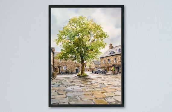 Grassington Village Green Great Tree Stone Cottages Dales Scene Poster