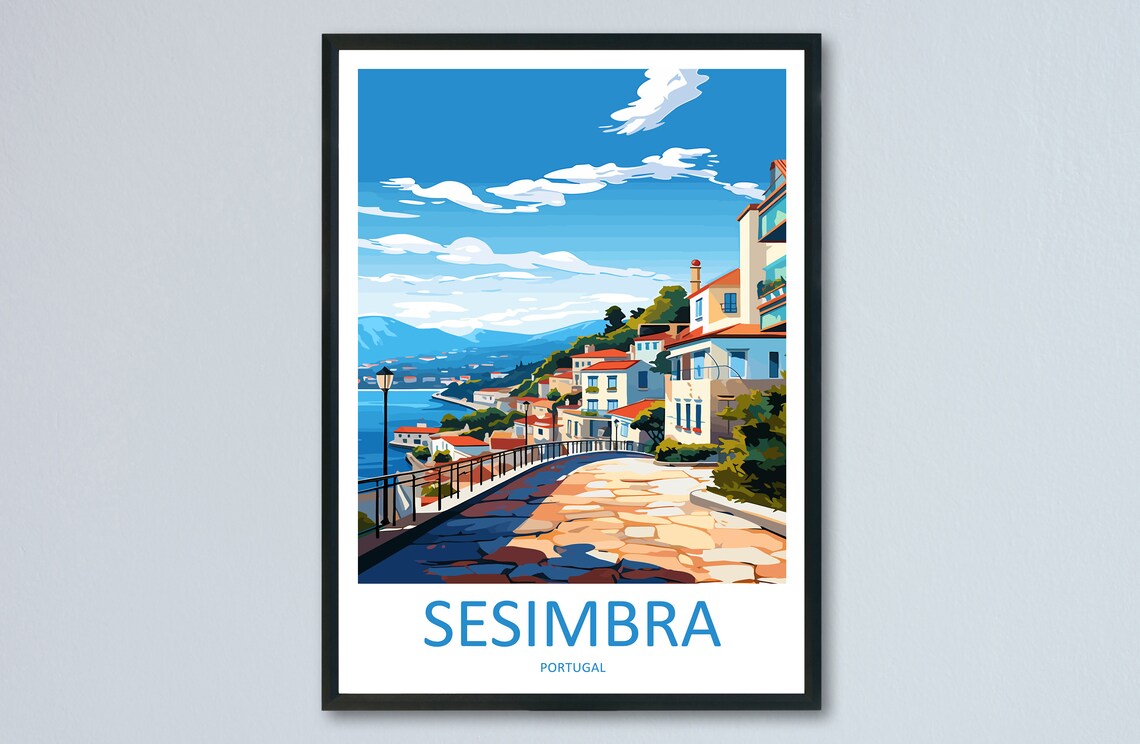 Sesimbra Hillside Cobblestone Street Portugal Coast Travel Poster