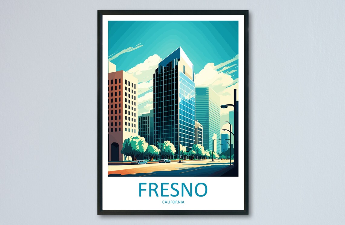 Fresno California Downtown Glass Tower Skyline Modern Travel Poster