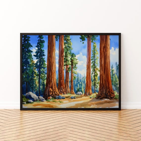 Sequoia National Park Watercolor Poster Travel Print Forest Painting Nature Wall Art Giant Tree Decor Usa Souvenir