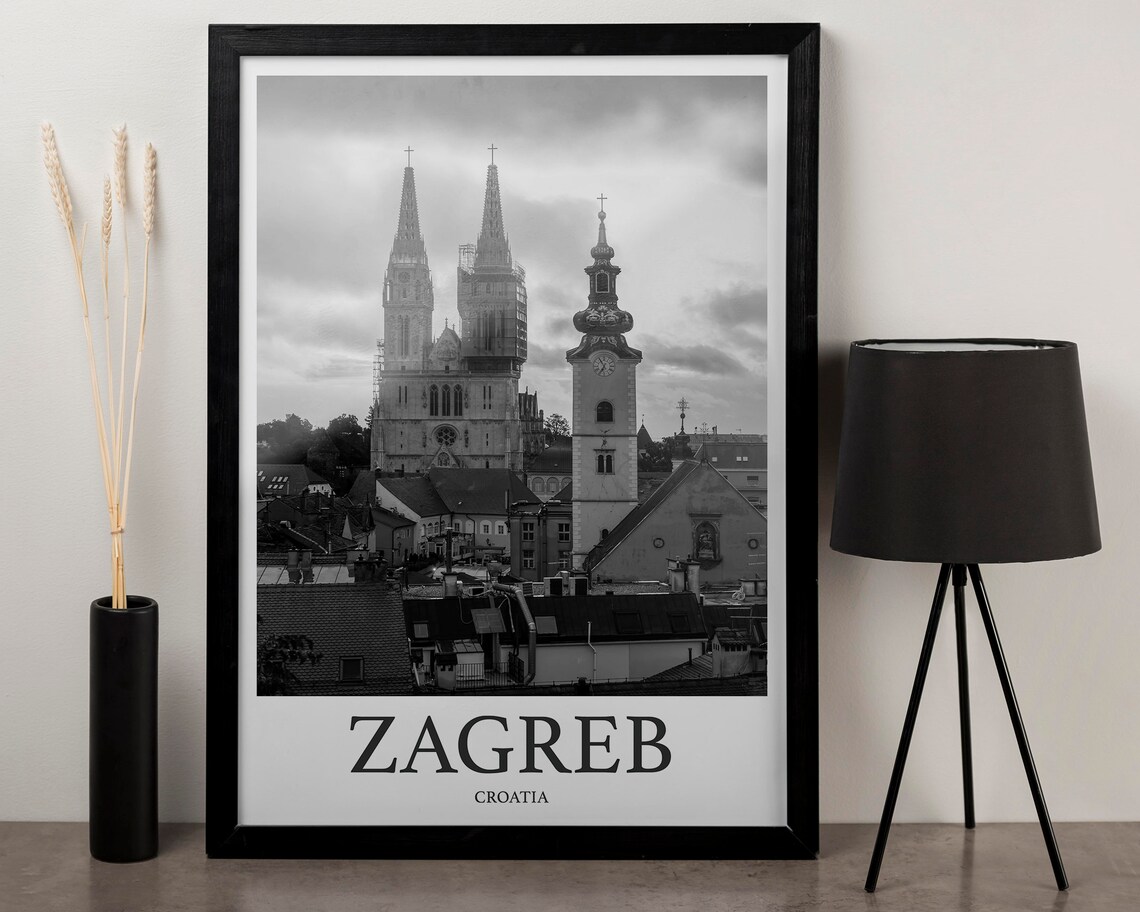 Zagreb Croatia Cathedral Towers Black and White Cityscape Poster - Image 3
