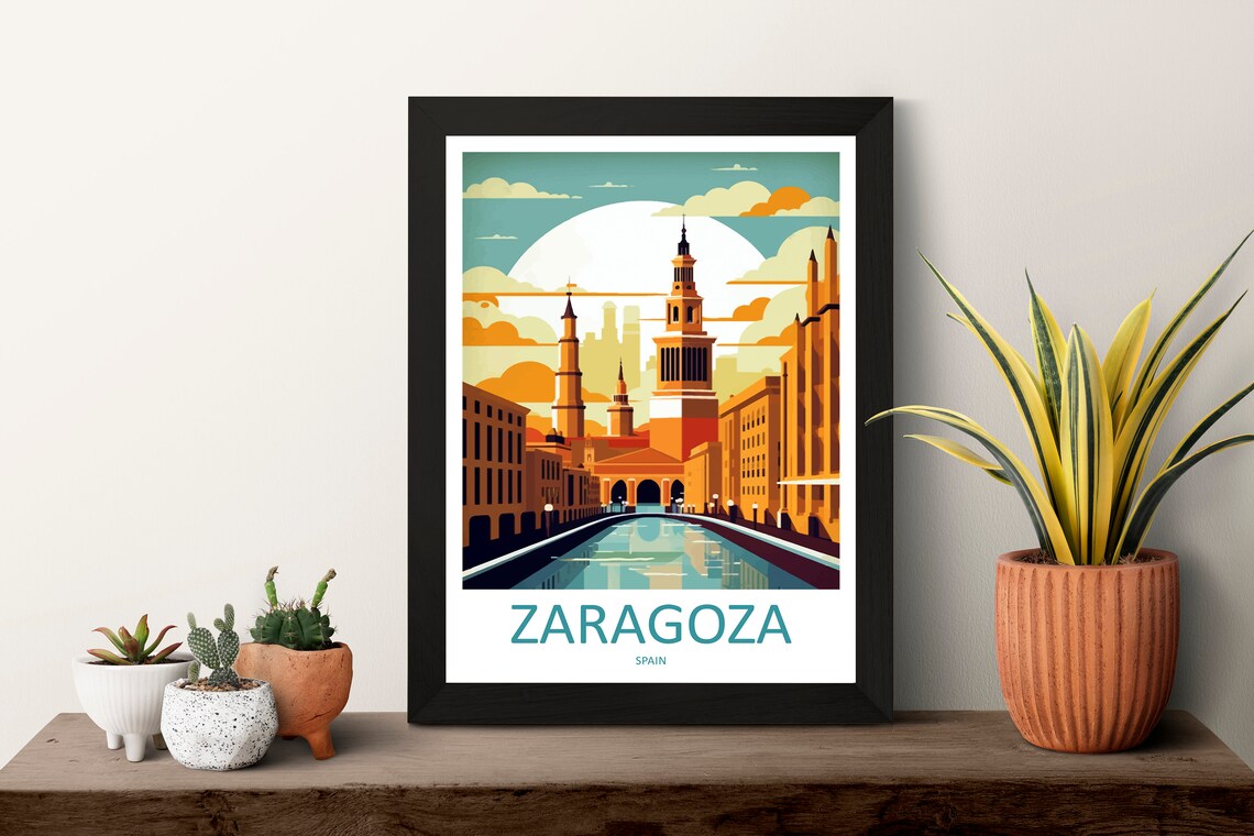 Zaragoza Spain Basilica Towers Riverside Sunset Travel Poster - Image 3