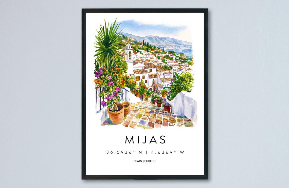 Mijas Spain Watercolor Whitewashed Village Coastal Europe Travel Print