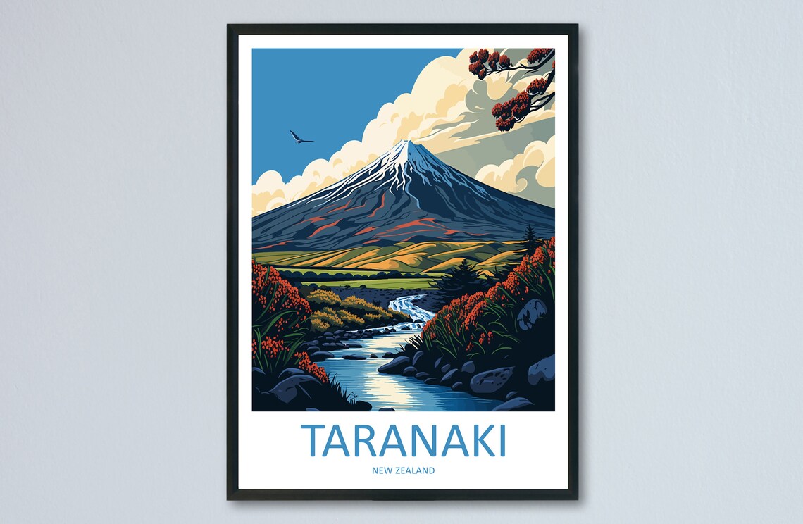 Taranaki Travel Poster, New Zealand Place Print