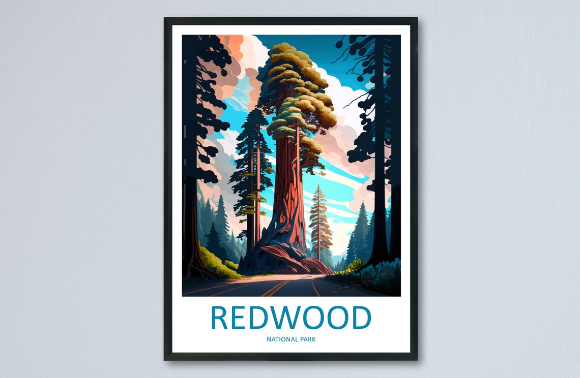 Redwood National Park Travel Poster Giant Coast Redwoods Road View Art