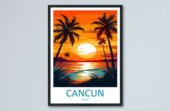 Cancun Mexico Sunset Palms Ocean Tropical Beach Silhouette Poster
