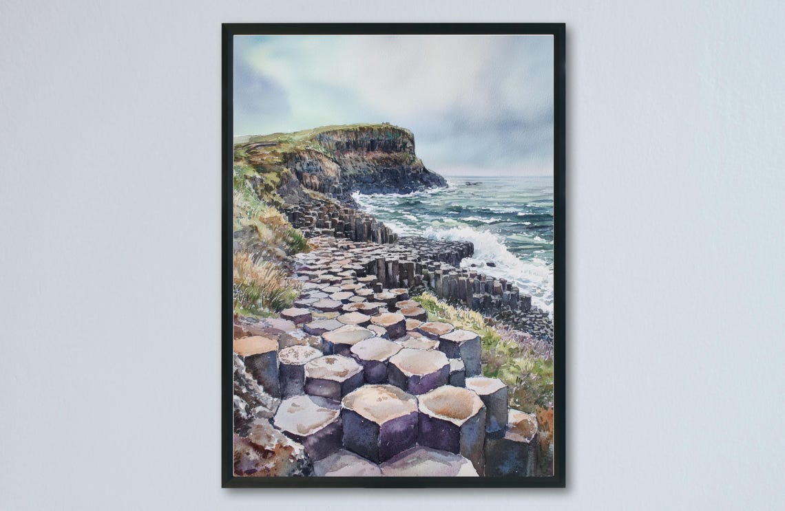 Giants Causeway Basalt Columns Crashing Waves Watercolor Poster