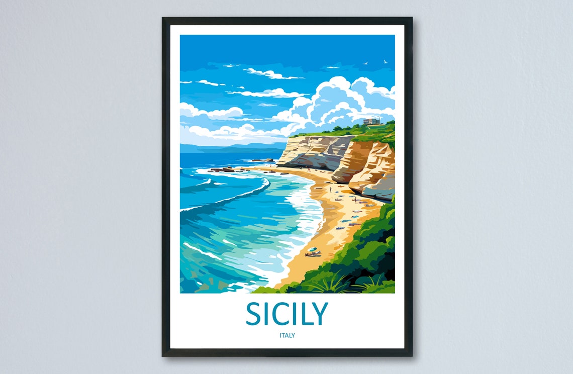 Sicily Italy Sunlit Cliffside Beach Turquoise Waters Daytime Poster
