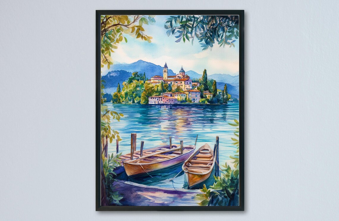 Quiet Island Village Lake Wooden Boats Mountain Watercolor Poster