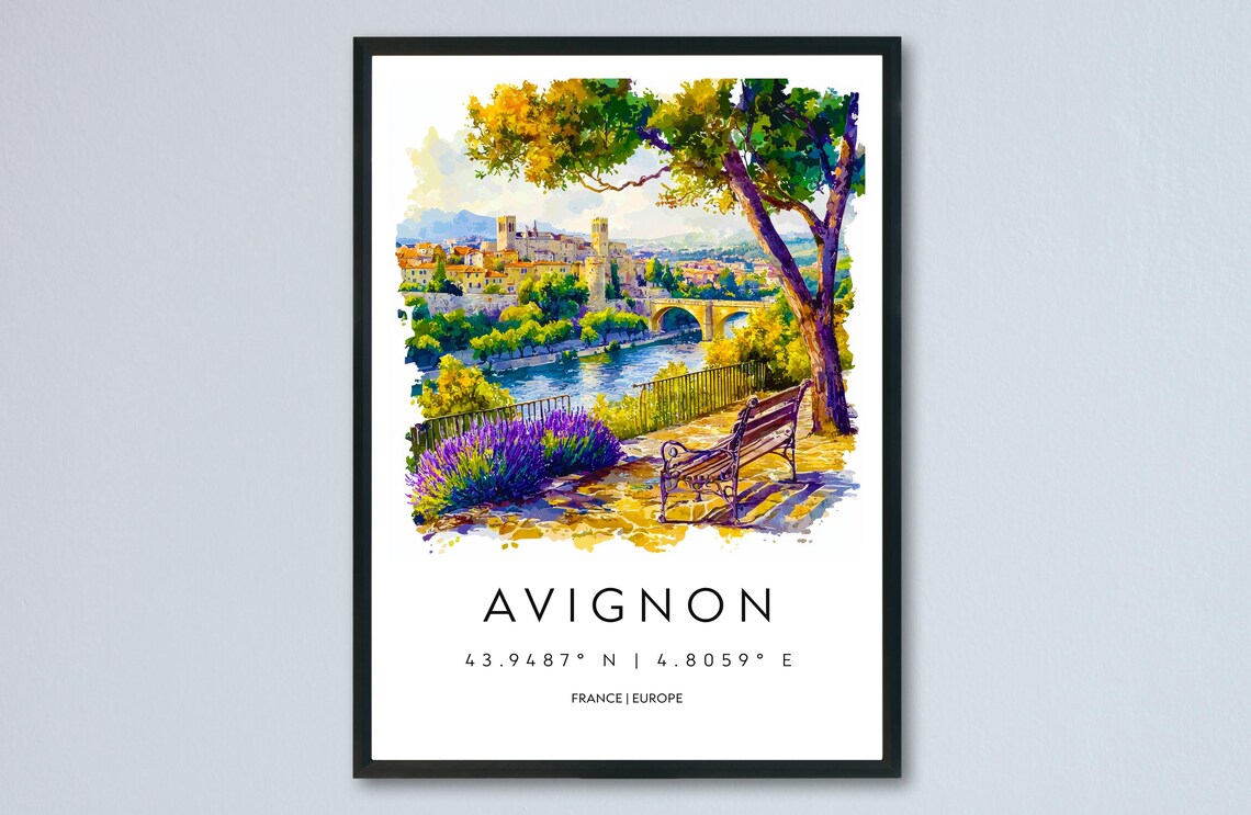 Avignon France River Bridge Lavender Bench Watercolor Travel Poster