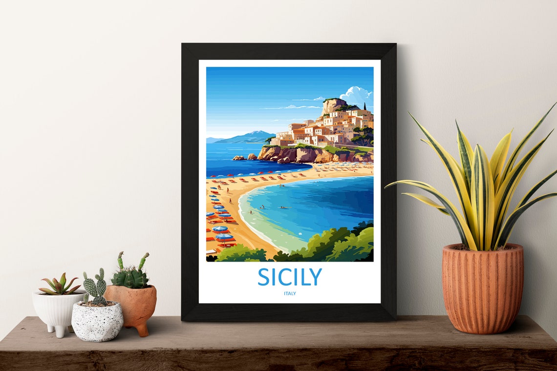 Sicily Italy Coastal Town Cliff Beach Umbrellas View Scene Poster - Image 3