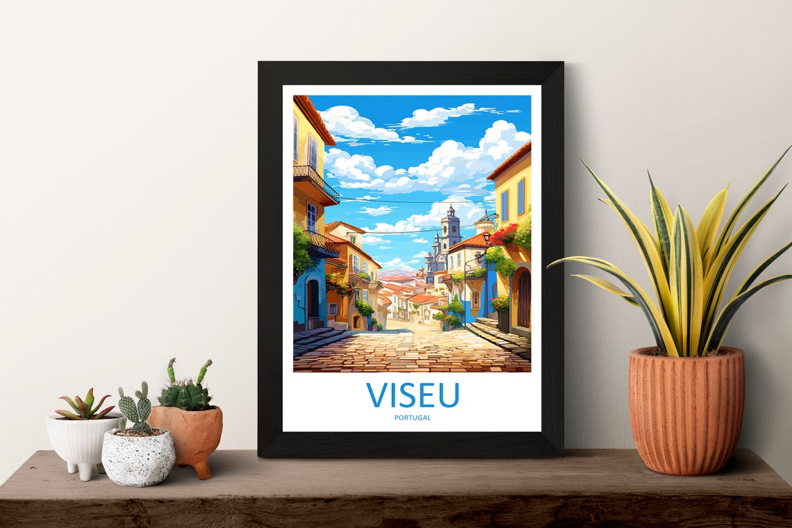 Viseu Portugal Cobblestone Street Church Tower Sunny Travel Poster - Image 3