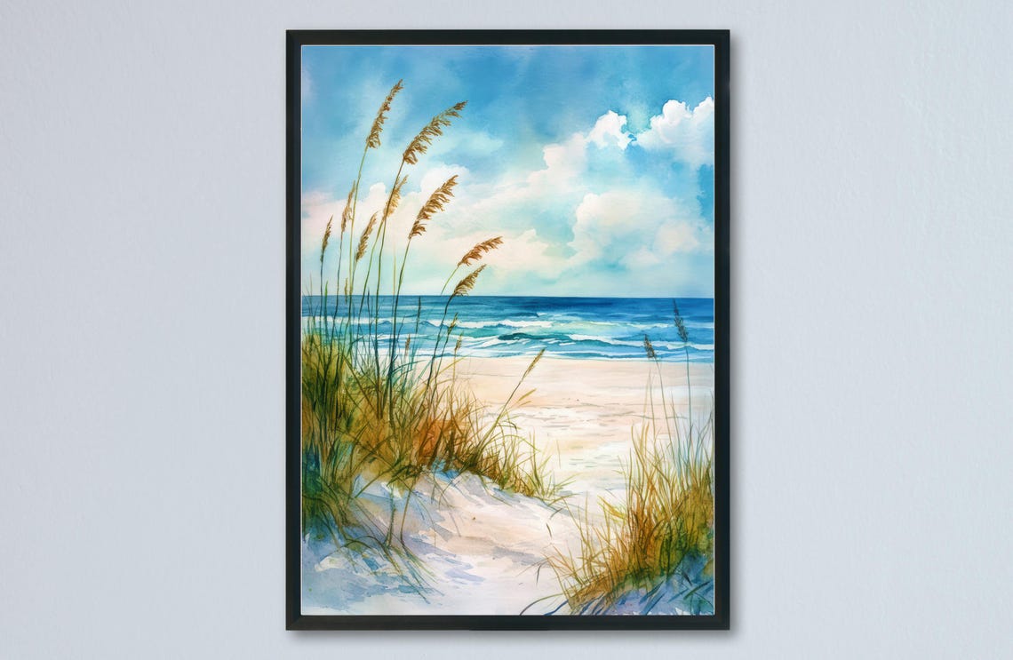 Sea Oats Beach Grass Ocean Breeze Watercolor Seascape Poster