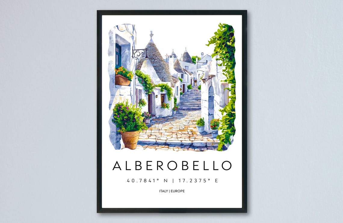 Alberobello Watercolor Travel Poster, Puglia Trulli