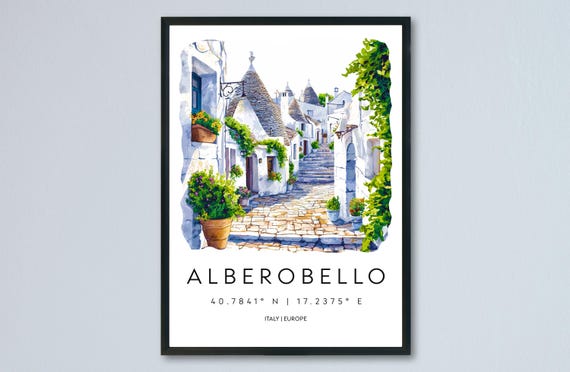 Alberobello Watercolor Travel Poster, Puglia Trulli