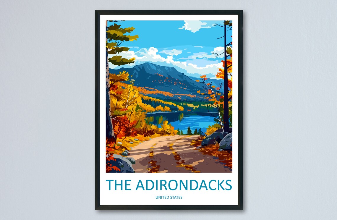 The Adirondacks New York Autumn Lake Trail Vintage Travel Poster