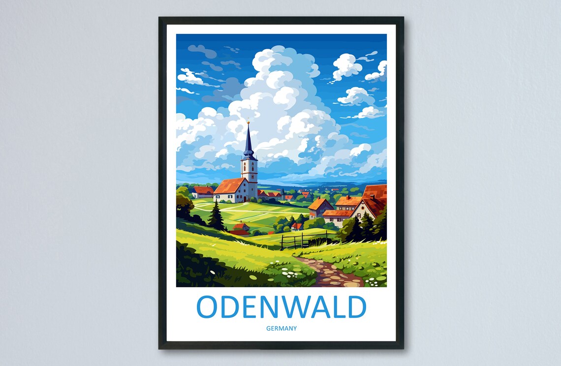 Odenwald Germany Village Church on Rolling Green Hills Poster