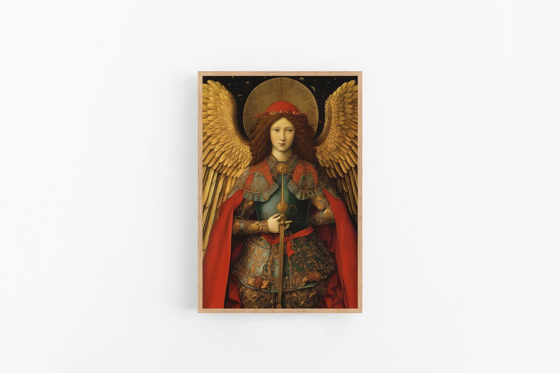 Archangel Saint Michael Golden Wings Sword Vintage Religious Poster