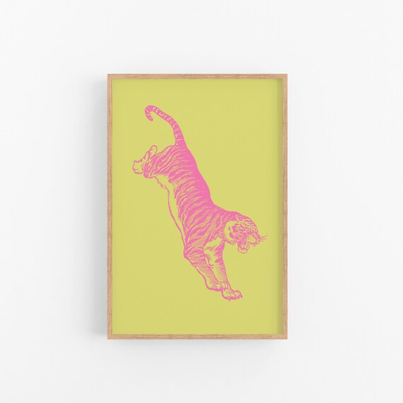 Pink Tiger Leaping on Chartreuse Bold Neon Modern Art Poster