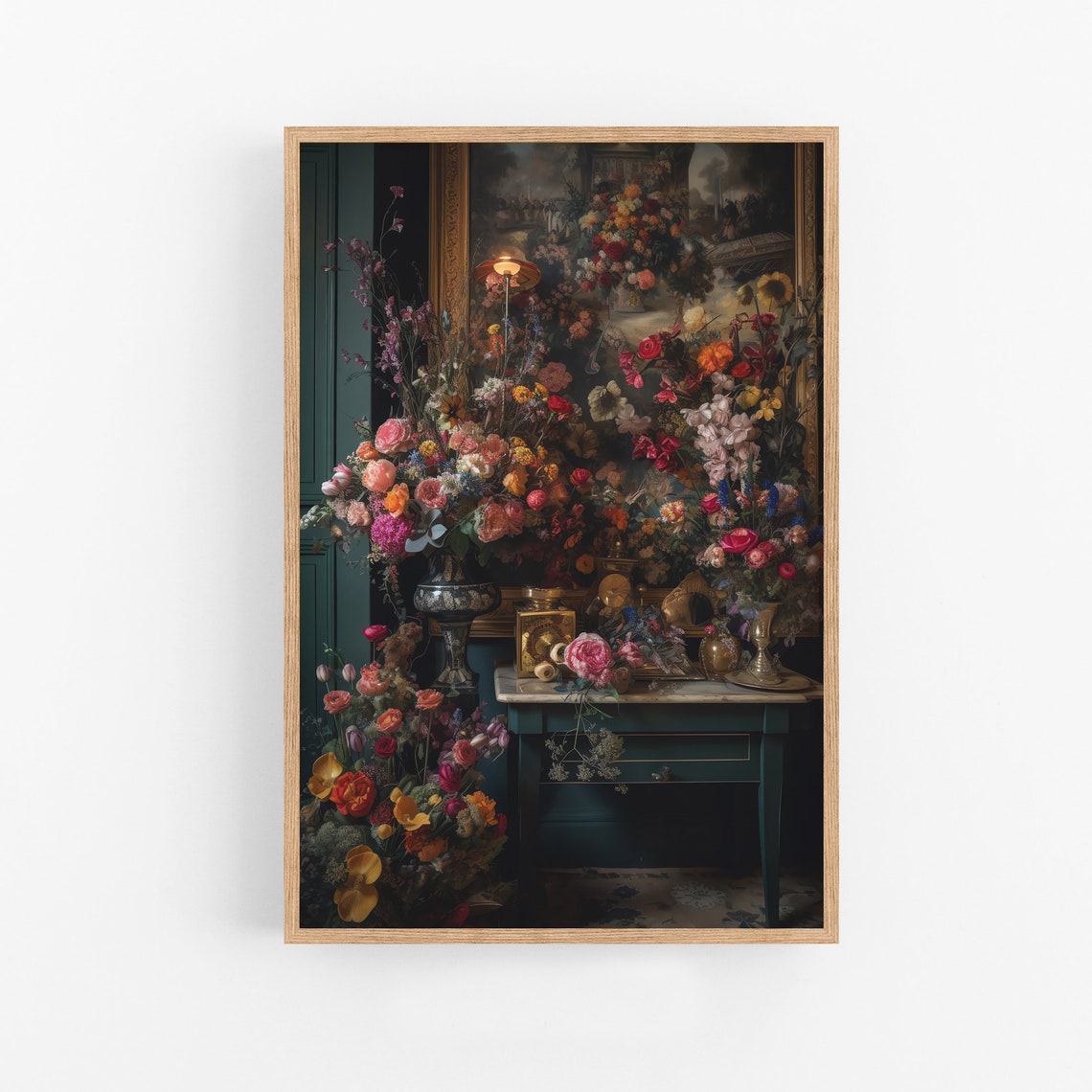 Moody Maximalist Floral Still Life With Antique Mirror Poster