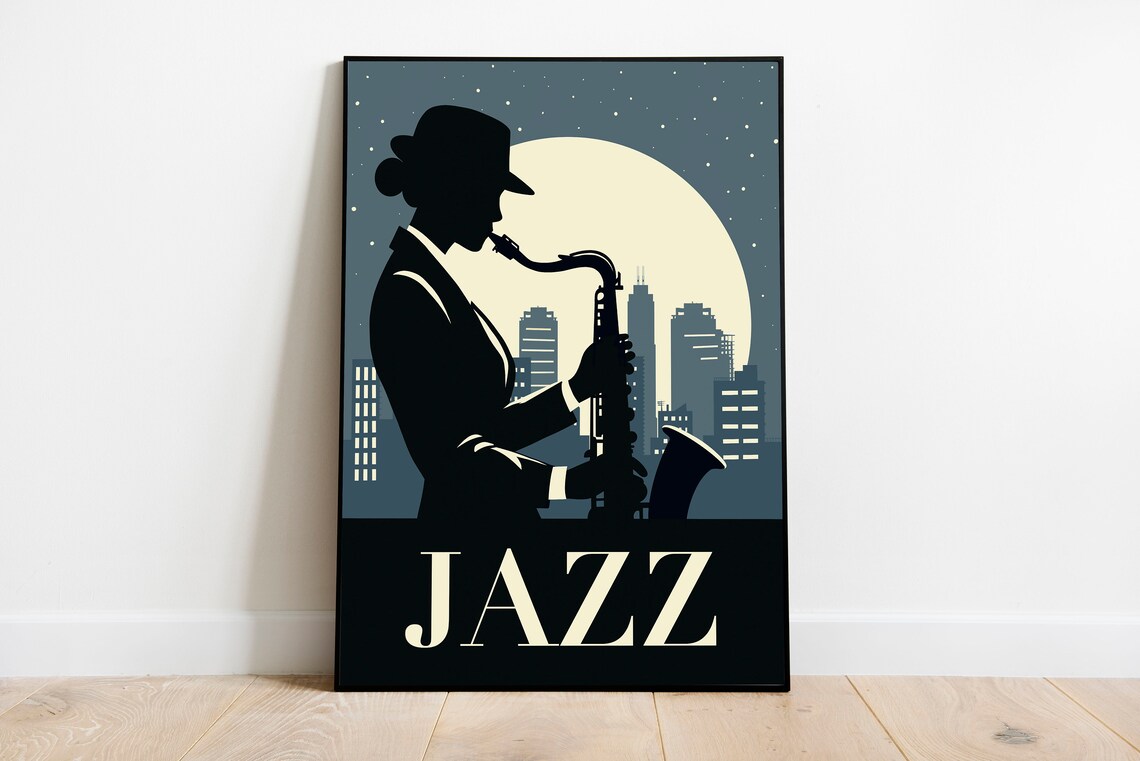 Jazz Saxophonist Woman Silhouette Playing Under the Full Moon Poster