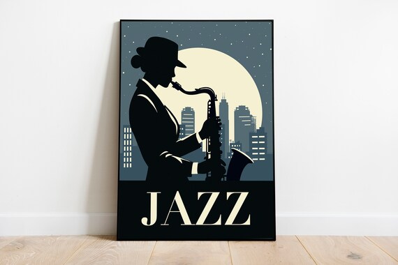 Jazz Saxophonist Woman Silhouette Playing Under the Full Moon Poster