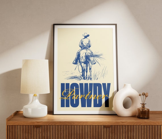 Retro Cowboy Print Howdy Partner Western Poster Vintage Western Wall Art Apartment Decor Print Typography Poster Trendy Print