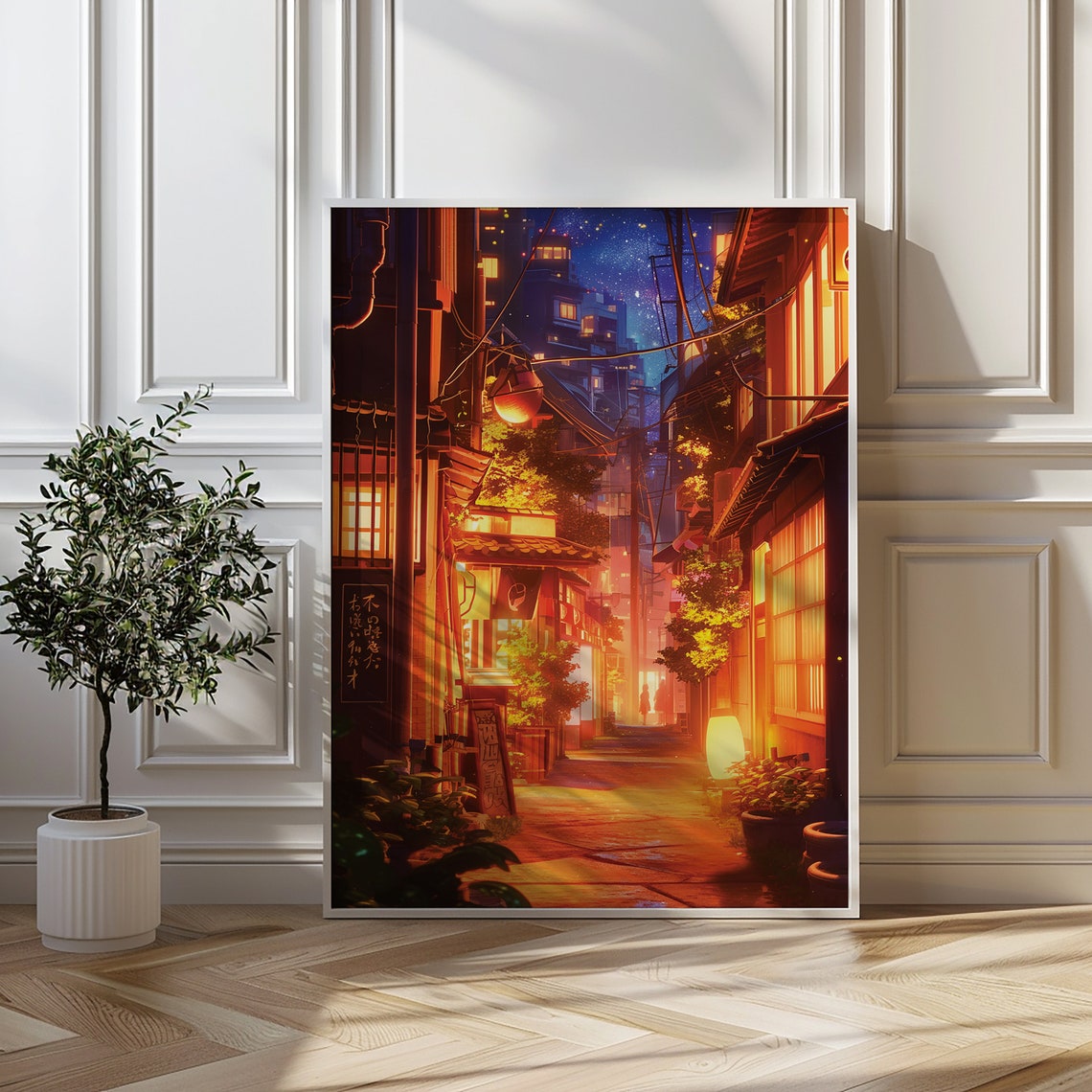 Dreamy Anime Night Alley With Glowing Lanterns Street Scene Poster