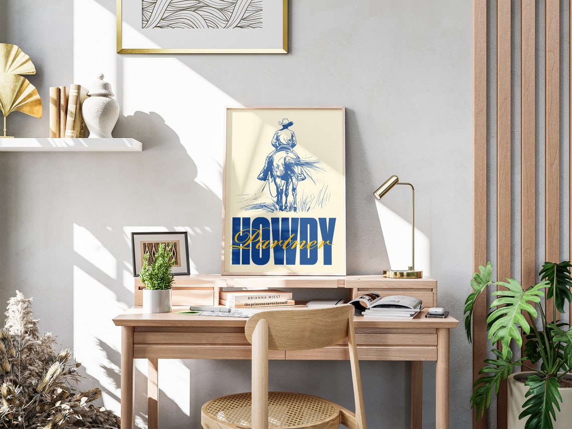 Howdy Partner Blue Cowboy Horseback Retro Western Decor Poster - Image 2