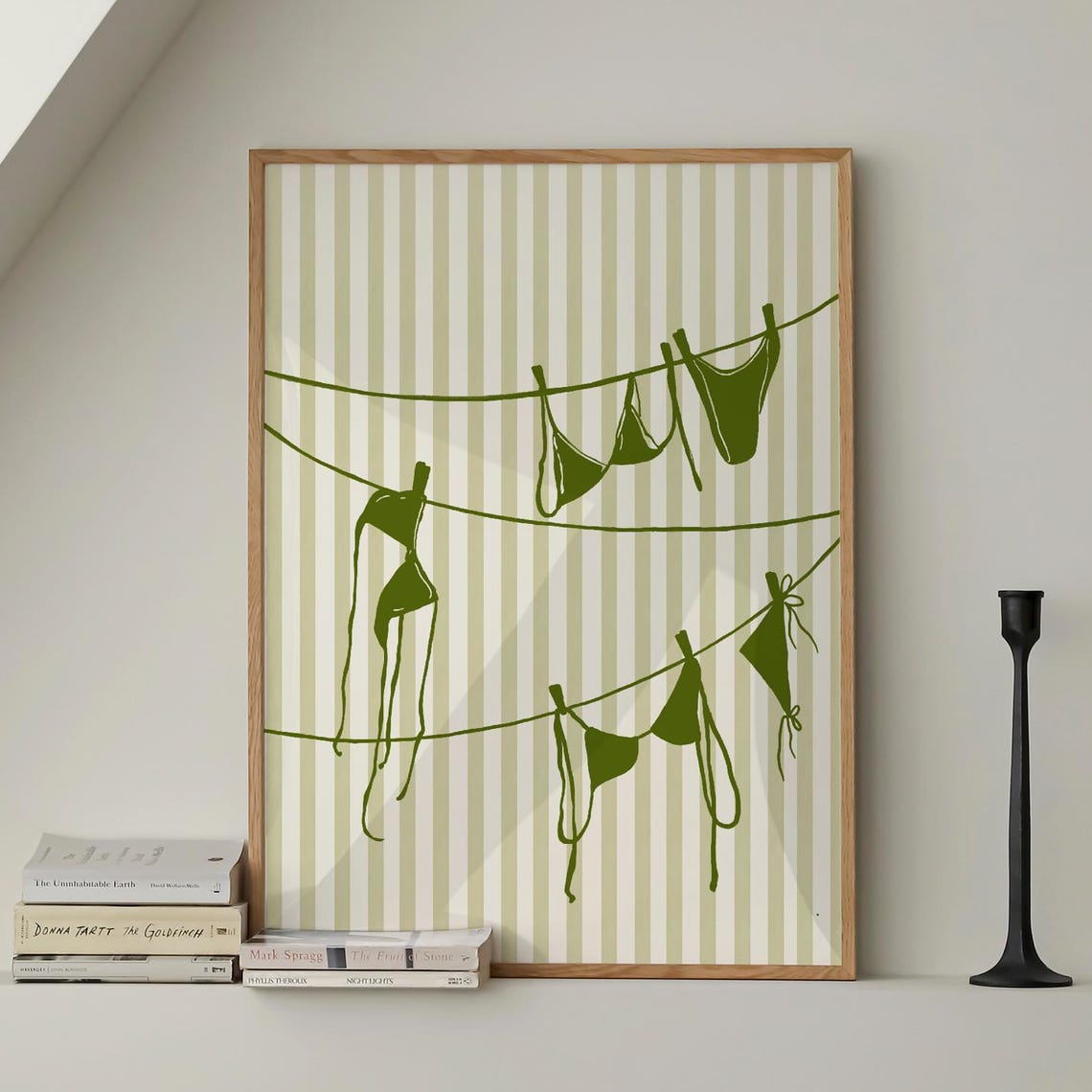 Green Bikinis Clothesline Striped Background Summer Beach Art Poster