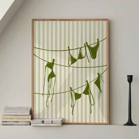 Green Bikinis Clothesline Striped Background Summer Beach Art Poster