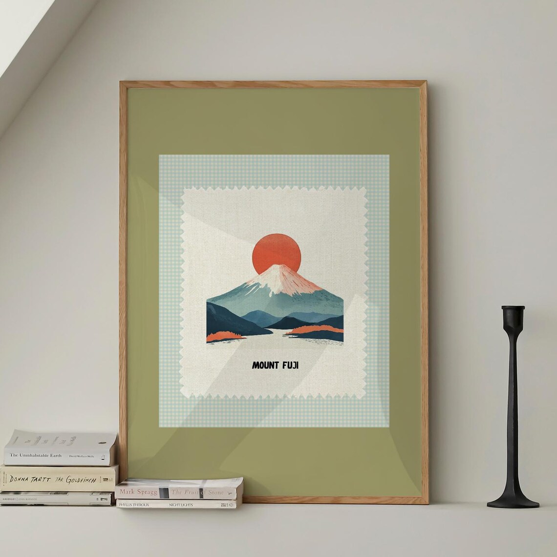 Mount Fuji Japan Red Sun Snowcap Stamp Style Sage Framed Poster