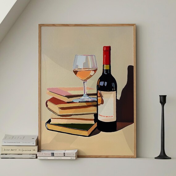 Book Lover Wine Painting Stacked Books Warm Still Life Poster
