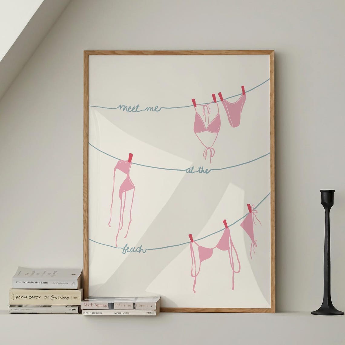 Meet Me At The Beach Pink Bikinis Clothesline Summer Decor Poster
