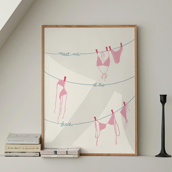 Meet Me At The Beach Pink Bikinis Clothesline Summer Decor Poster