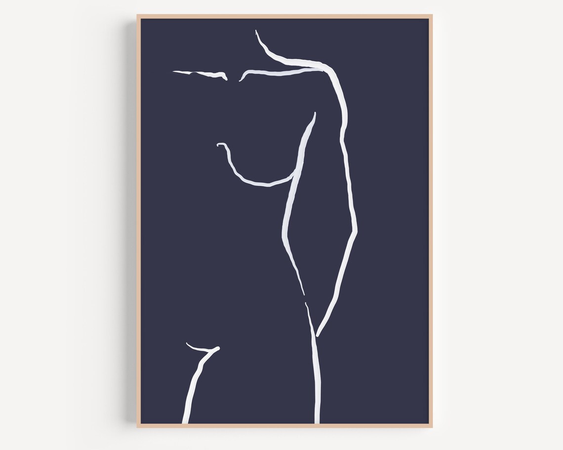 White Female Body Line Drawing Navy Minimalist Figure Poster